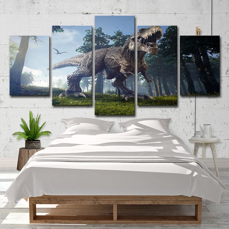 Sci-Fi Jurassic Dinosaur Wall Art House Interior Canvas Print in Blue-Green