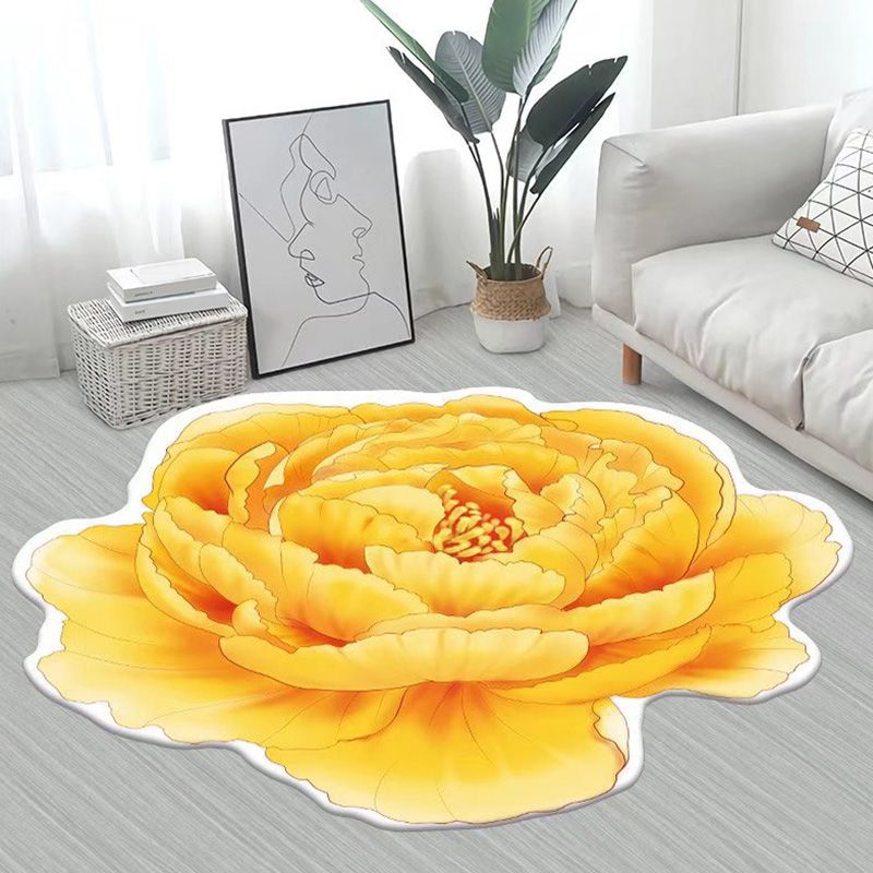 Yellow Flower Carpet Polyester Casual Carpet Washable Rug for Living Room