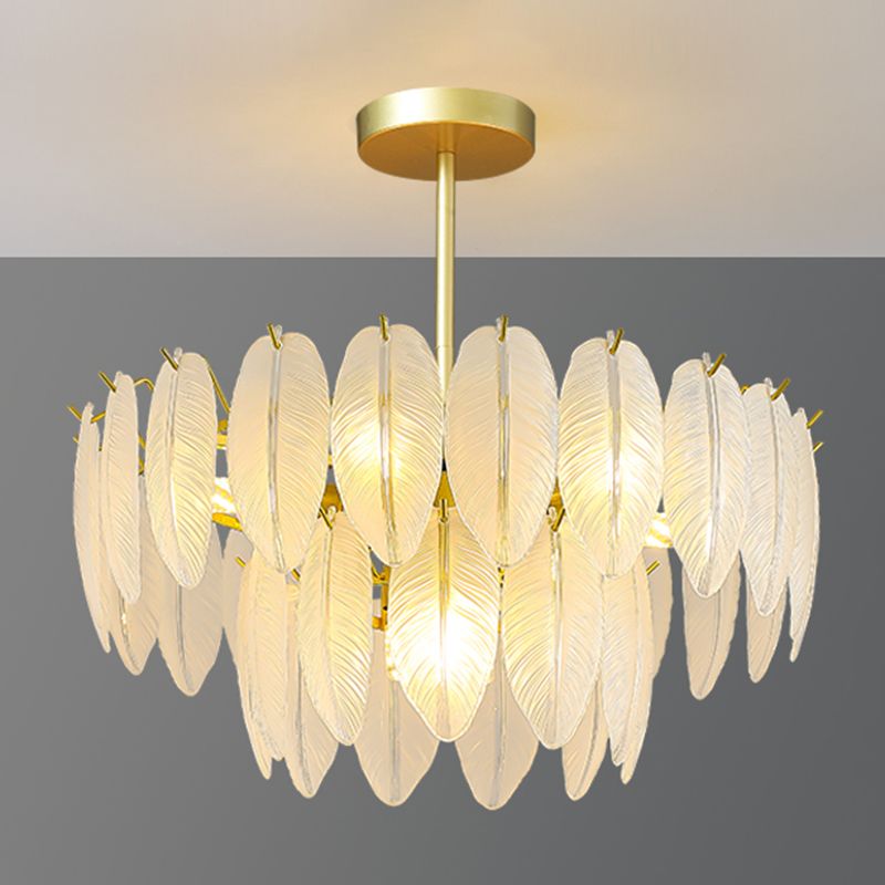 Gold Modern Metal Ceiling Light Feather Shape Island Lamp with Glass Shade for Living Room