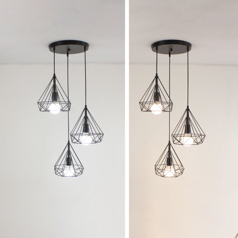 Diamond Iron Cluster Pendant Lighting Post-Modern Restaurant Hanging Lamp in Black