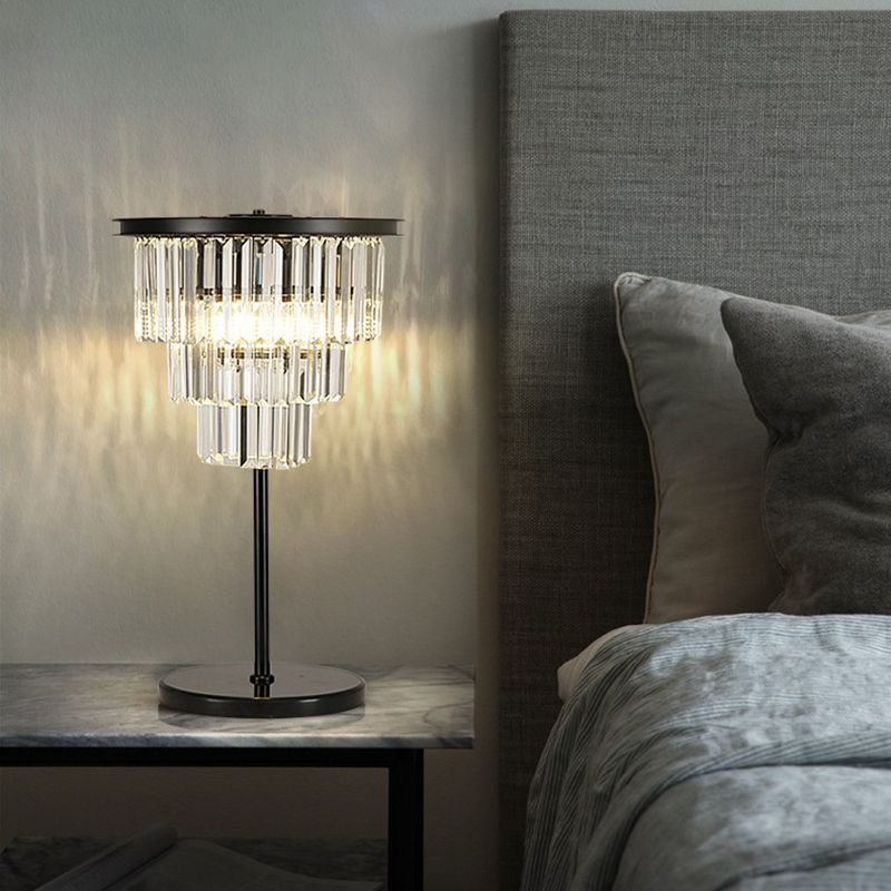 American Style Crystal Table Lamp Black 3 Lights Desk Lamp for Bedroom