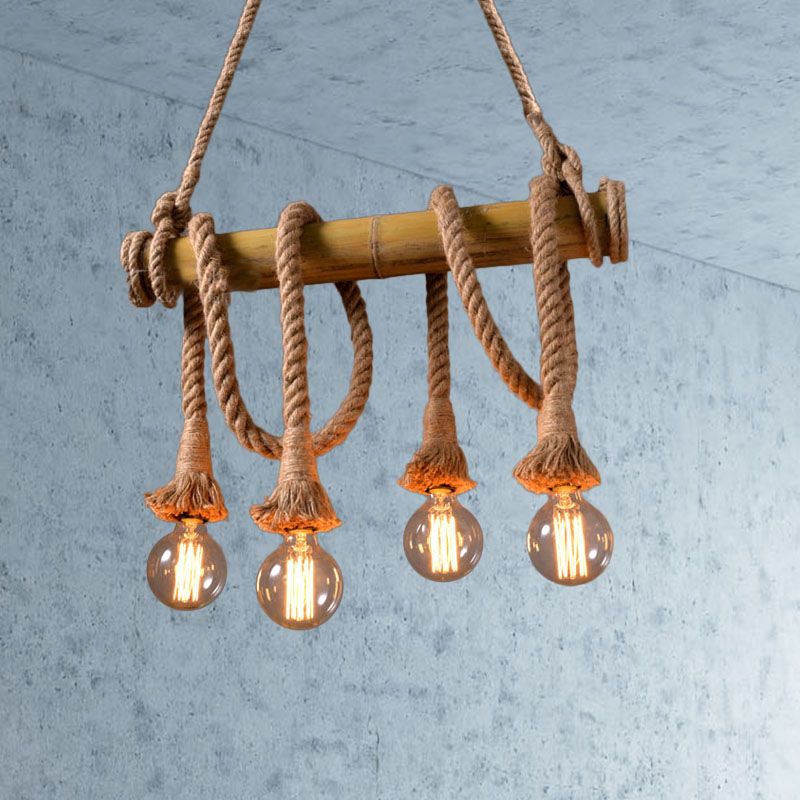 3/4 Lights Open Bulb Island Light Lodge Industrial Beige Adjustable Rope Ceiling Light with Bamboo