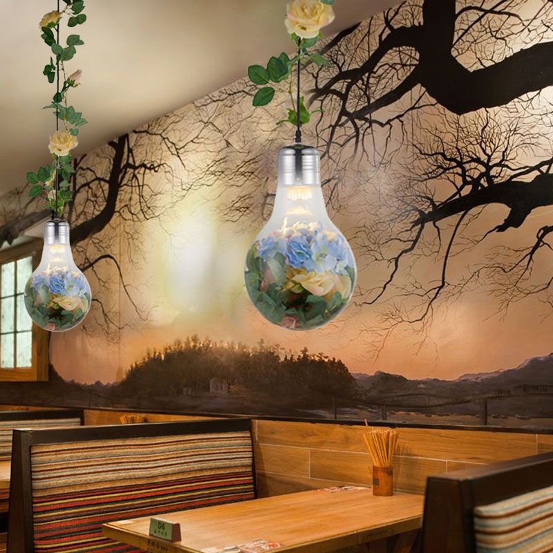 Bulb-Shaped Restaurant Suspension Pendant Antique Clear Glass 8.5"/12" W 1 Head Chrome Flower Drop Lamp