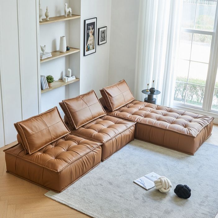 Tufted Leather Sectionals in Brown Mid-Century Modern Blocks Sofa with Pillows