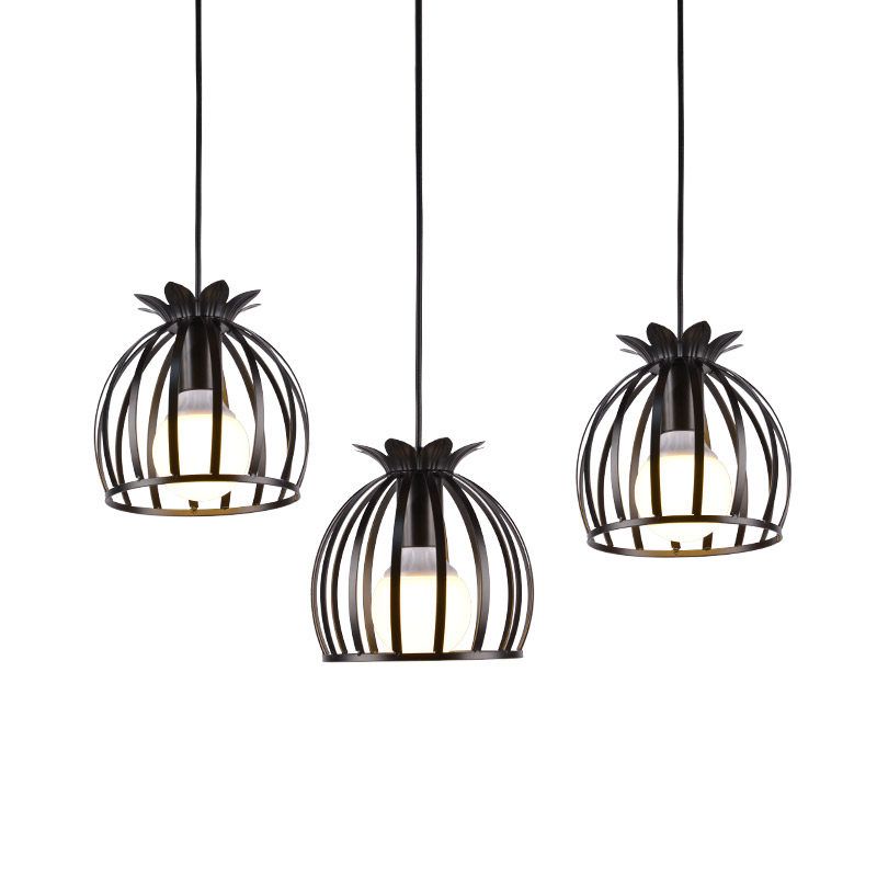 3 Heads Pendant Lighting with Dome Cage Shade Metallic Loft Style Dining Room Suspended Lamp in Black/White