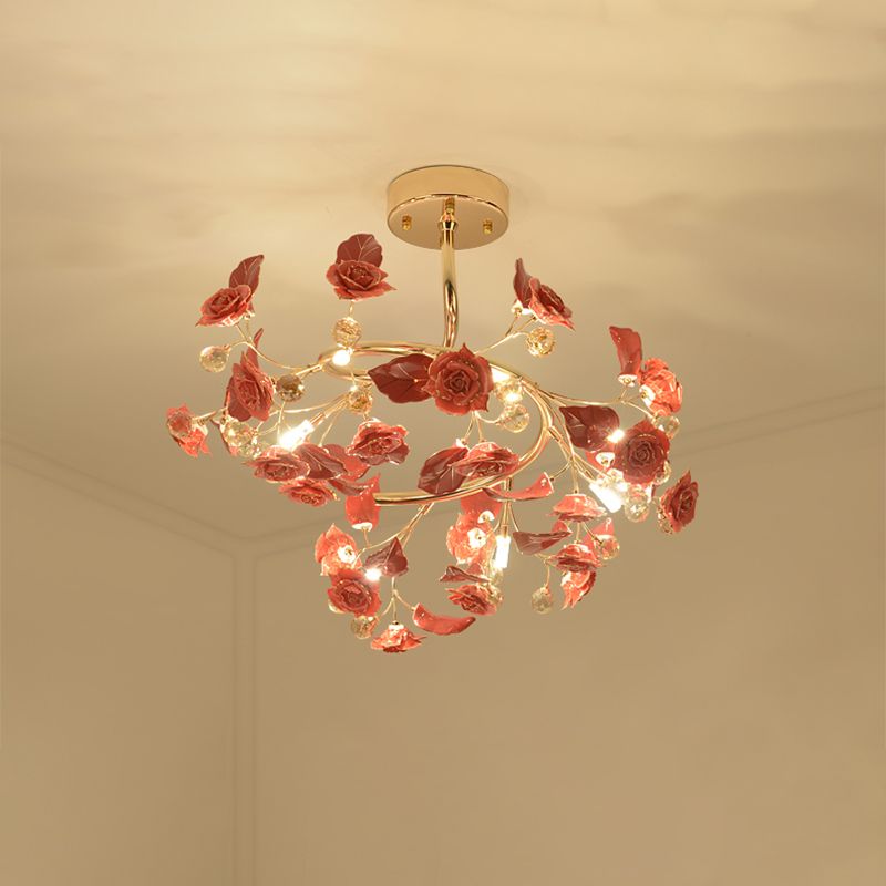 K9 Crystal Red Semi Flush Mount Spiral 7 Lumières Lumières riches contemporaines avec design de rose et de feuilles