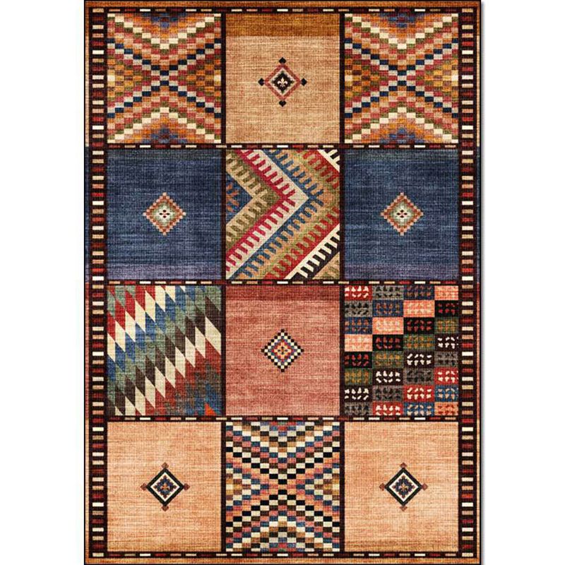 Americana Tribal Checked Pattern Rug Brown Polyester Rug Machine Washable Non-Slip Area Rug for Living Room