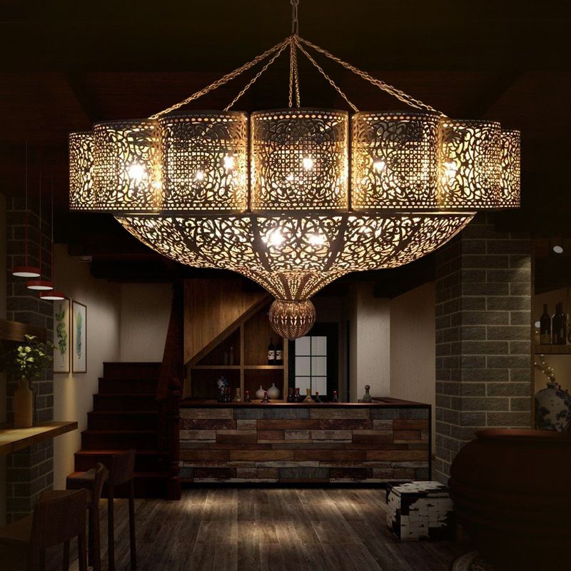 11 Heads Pendant Light Kit Arab Style Priscilla Edge Metallic Ceiling Chandelier in Brass with Hollow-Cut Design