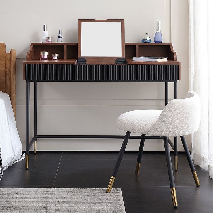 Contemporary Flip Single Wood Vanity with Padded Stool Lighted Mirror Vanity Desk
