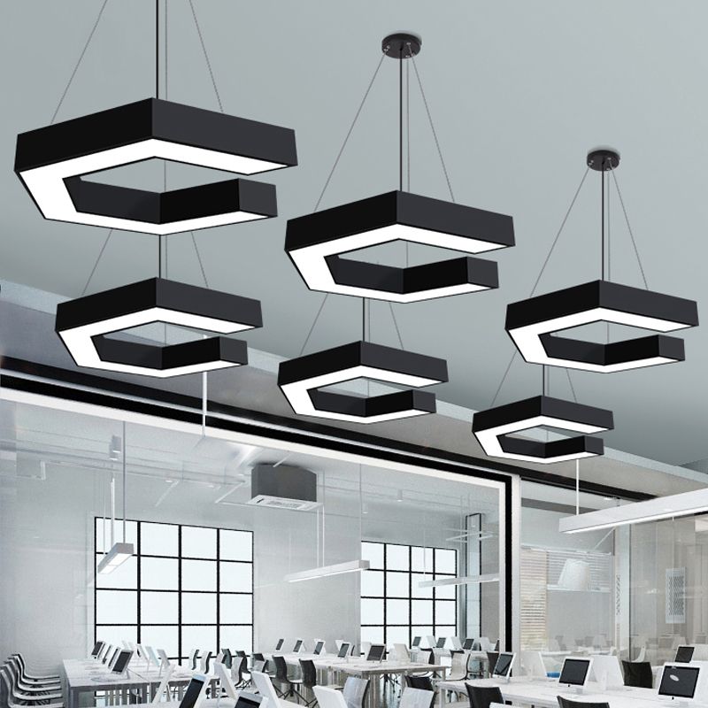 Geometric Pendant Lighting Modern Metal Led Black Hanging Ceiling Lamp for Office, 19.5"/23.5"/31.5" Wide