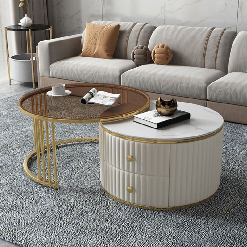 Slate and Metal Coffee Table Frame Nesting Coffee Table Set with Drawers