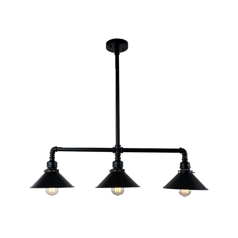 Black Conical Island Lighting Farmhouse Style 3 Bulbs Metallic Island Ceiling Light for Dining Room