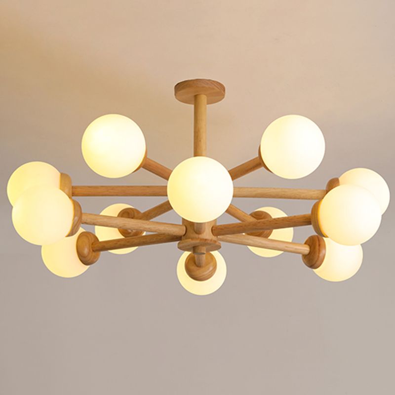 Wood Chandelier Nordic Style Pendant Lamp with White Glass Shade for Living Room