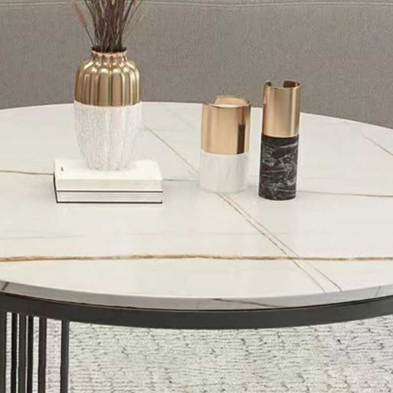 Round White Slate Coffee Table with Shelf Frame Base 2 Nestling Cocktail Table