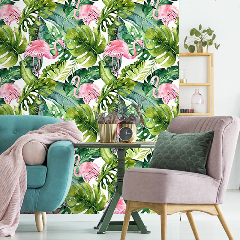 Green Plant Leaf Wallpaper Flamingo Tropical Peel and Stick Wall Art for Sitting Room