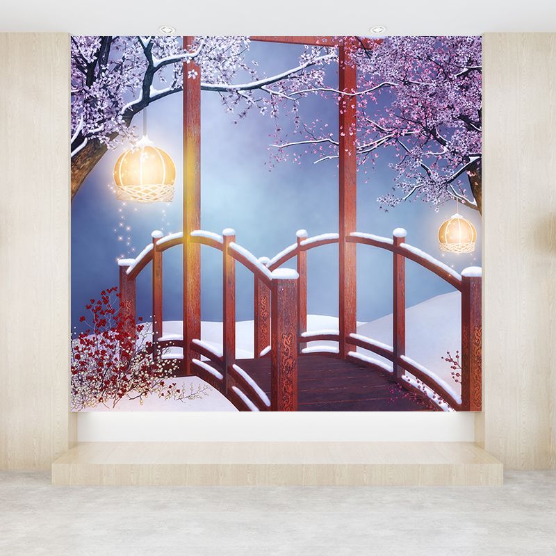 Giant Modern Wall Mural in Red Flower and Bridge Wall Art, Custom Size Available