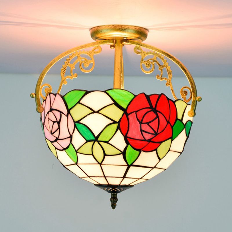 Rose Semi Flush Mount Lighting 2 Lights Stained Glass Mediterranean Ceiling Mounted Fixture in Red/Pink/Blue