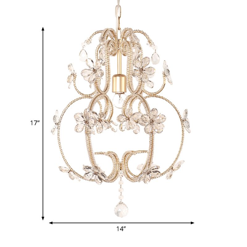 Gourd Cage Chandelier Lighting with Crystal Bead Vintage 1 Light Ceiling Pendant Light in Gold