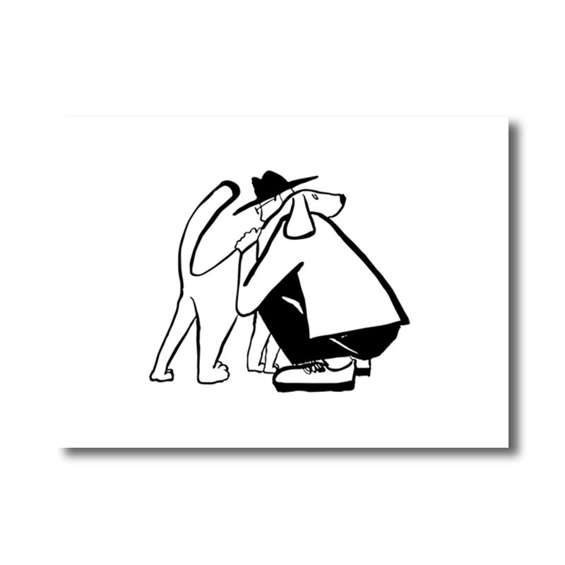 Pencil Figure Wall Art Decor Simple Comic Man Hug His Dog Canvas Print in Black and White