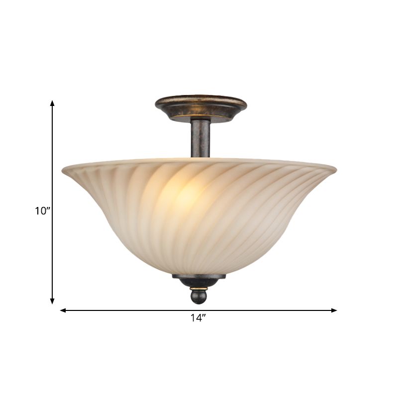 3-Head White Glass Semi Flush Light Countryside Bronze Curved Bedroom Flush Mount Lighting