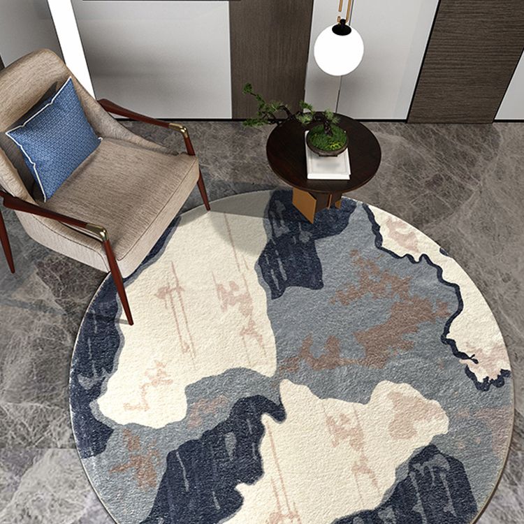 Round Grey Tone Shabby Chic Rug Polyester Carpet Ink Landscape Print Indoor Rug Non-Slip Backing for Living Room