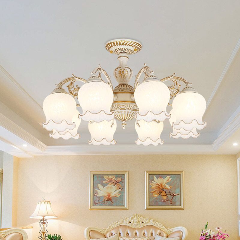 Blume Wohnzimmer semi Flush Rustikale Weiss Glas 3/5/6 Bulben Beige Flush Mount Light Halterung