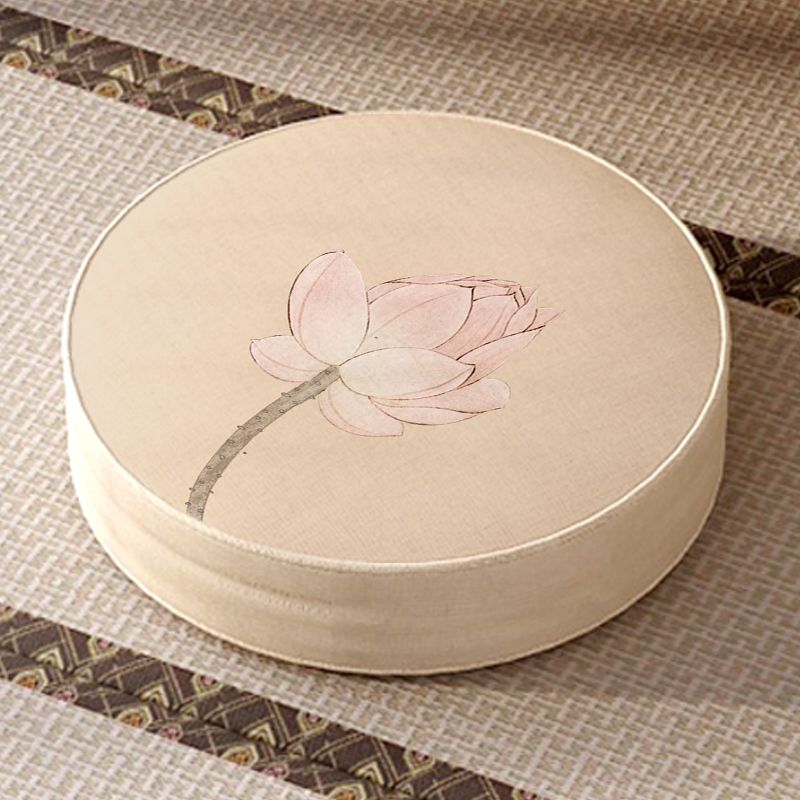 Modern Pouf Ottoman Cotton Upholstered Flower Printed Round Ottoman