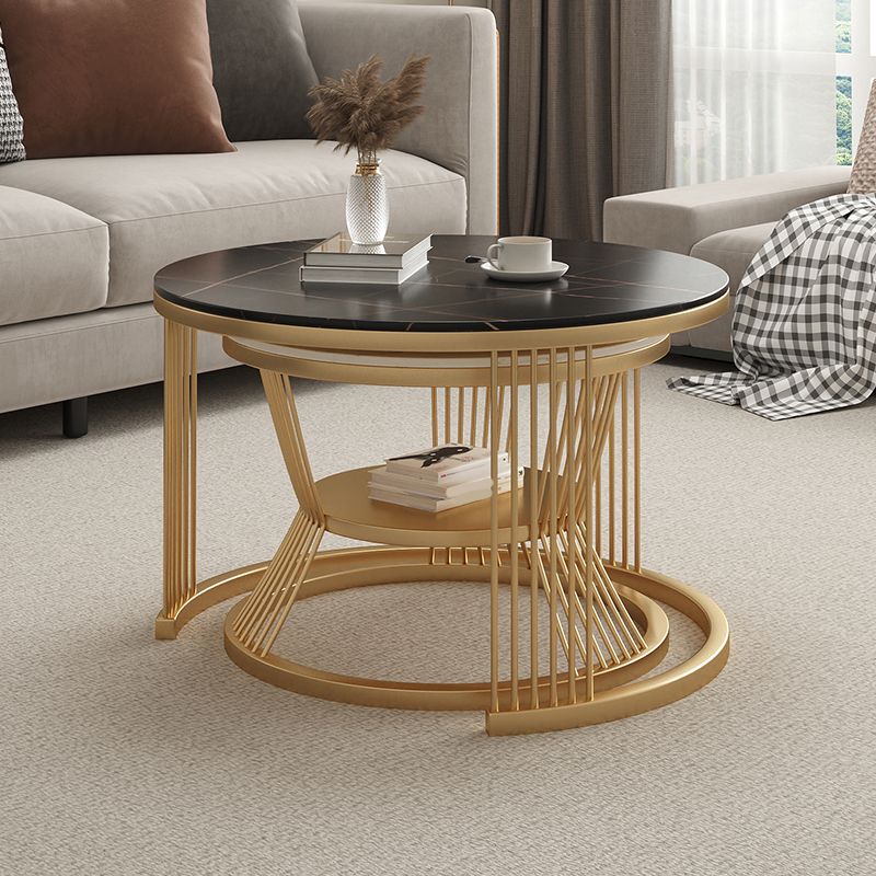 Metal and Slate Coffee Table Glam Round Frame Coffee Table Set
