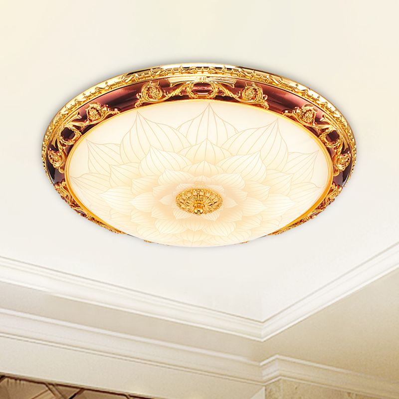 Gold LED Flush Ceiling Light Vintage Frosted Glass Bowl Flushmount Lighting with Blossom Pattern, 12.5"/15"/19" Width
