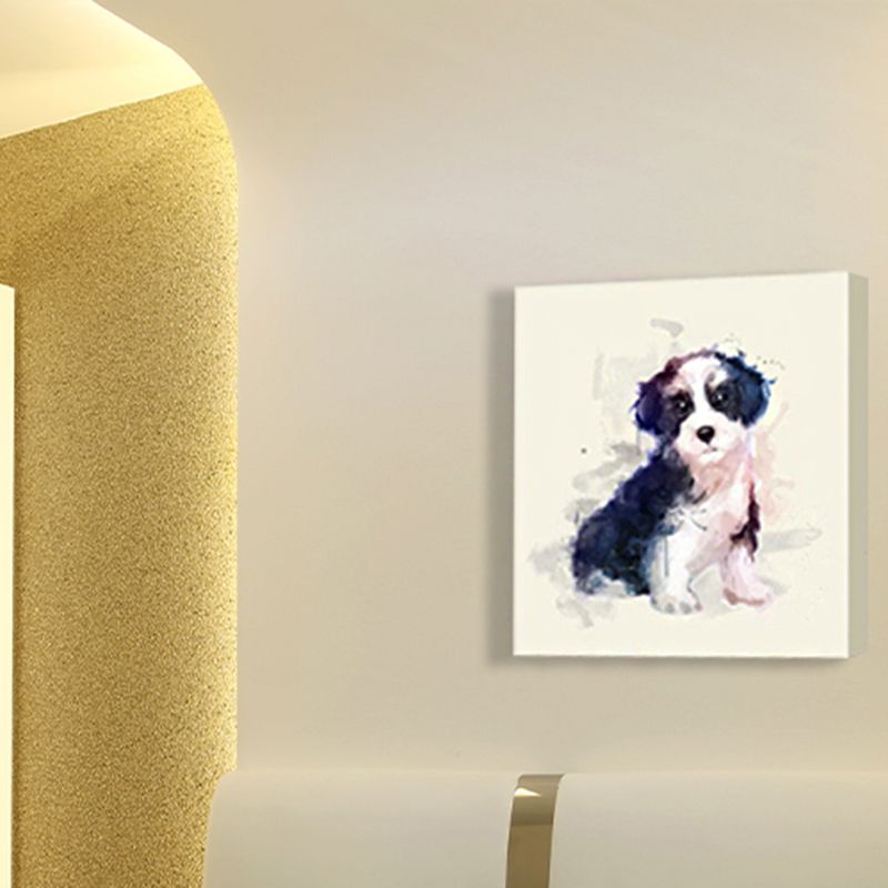 Childrens Art Puppy Canvas Print Black and White Baby Room Wall Decor, Textured Surface