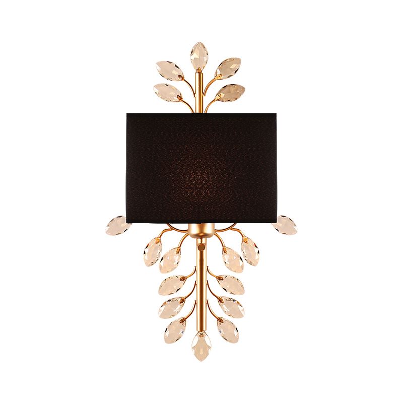 Black Rectangle Sconce Light Fixture Vintage Style 1 Bulb Fabric Wall Light with Clear Crystal Branching Design