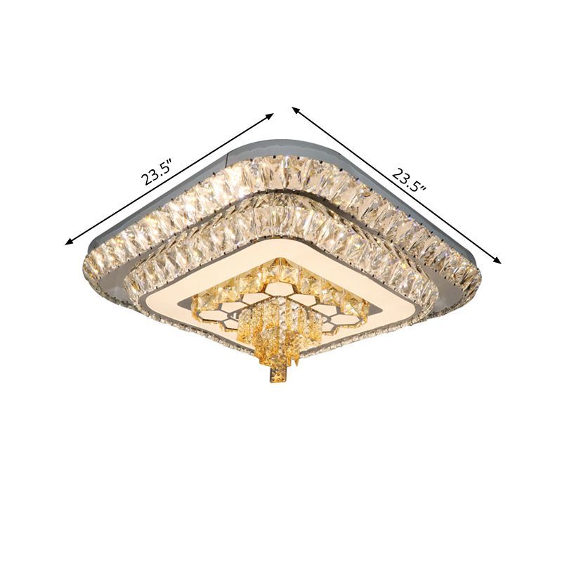 Grey Finish LED Flushmount Light Contemporary Clear Cut Crystal Blocks Square Ceiling Fixture
