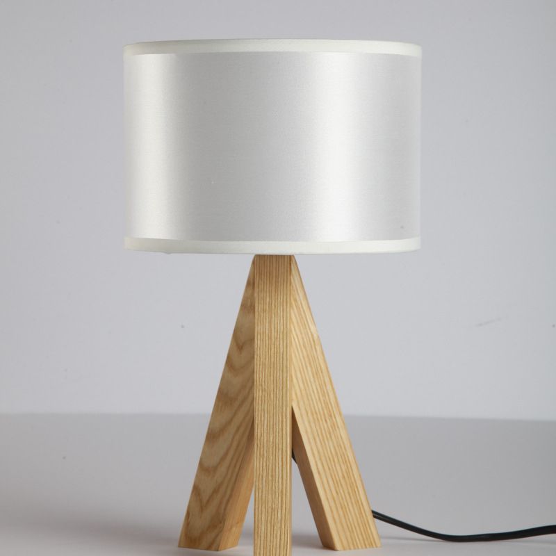 Black/White Cylinder Table Lighting Modern 1 Light Fabric Night Lamp with Wood Tripod Stand