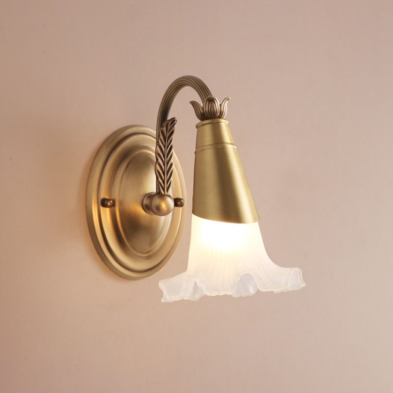 Gold Cone Vanity Lighting Traditional White Glass 1/2/3-Head Bathroom Wall Lamp with Lettuce Trim