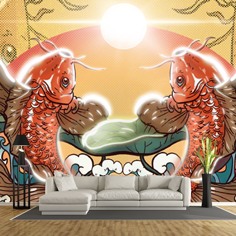 Chinese Carps Wall Paper Mural Yellow Festival Wall Decor for Living Room, Custom Made