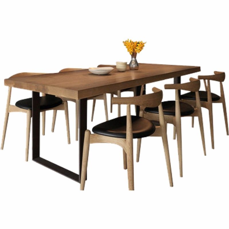 Modern Style Fixed Solid Wood Dining Room Table with 2 Black Metal Legs Kitchen Set