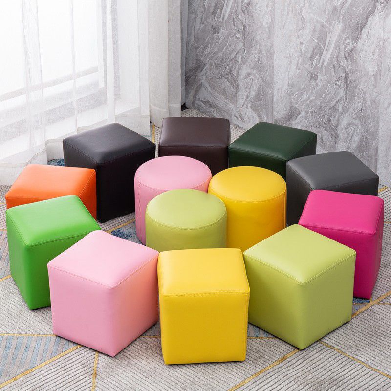 Contemporary Pouf Ottoman Faux Leather Upholstered Solid Color Ottoman