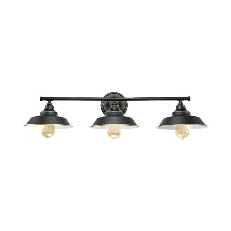 3 Lights Wall Mount Fixture with Barn Shade Metallic Retro Style Living Room Wall Lighting in Black