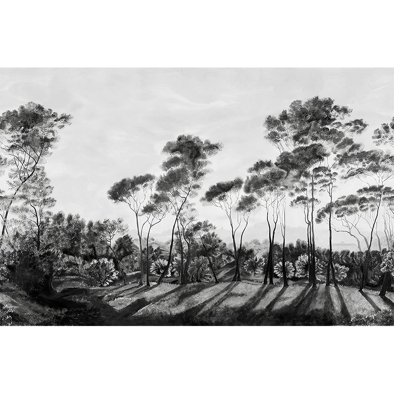 Modern Road Bush Landscape Mural Decal Black-White Stain Resistant Wall Decor for Bedroom