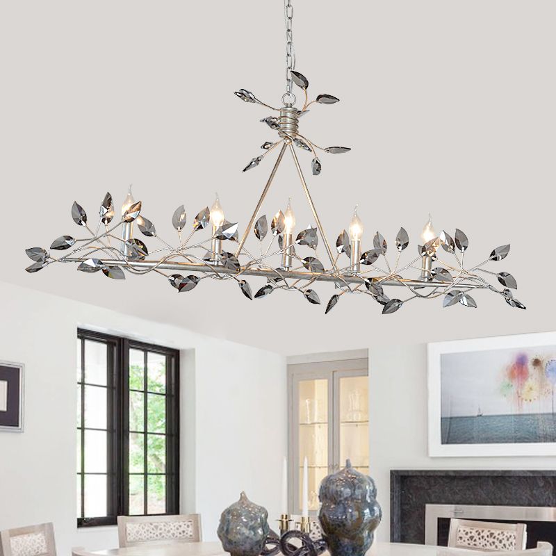 Silver/Gold Leaf Island Pendant Modernism Crystal 5 Heads Hanging Light Fixture for Dining Room