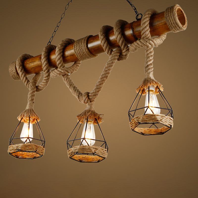 Retro Bamboo Island Light 3 Lights Island Pendant with Natural Rope for Restaurant