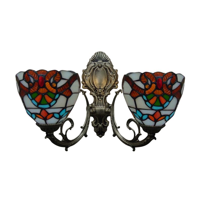 11" Height Bowl Sconce Wall Light Victorian 2 Heads Stained Glass Wall Lighting for Bedroom