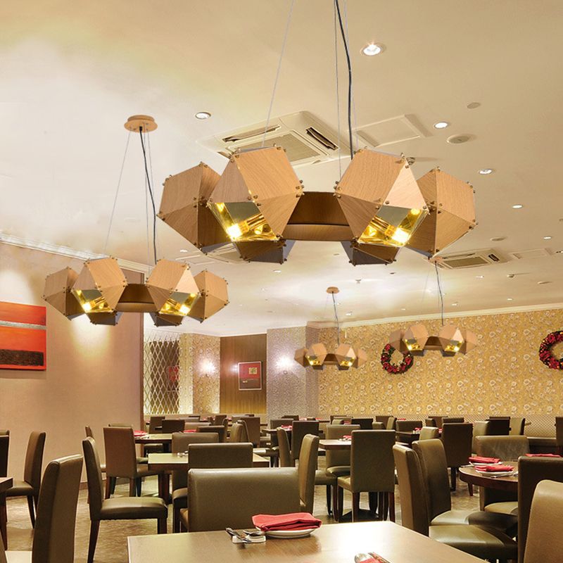 Polyeder Restaurant Kronleuchter Metallic 6 Köpfe Moderne Deckenlampe im dunklen Holz