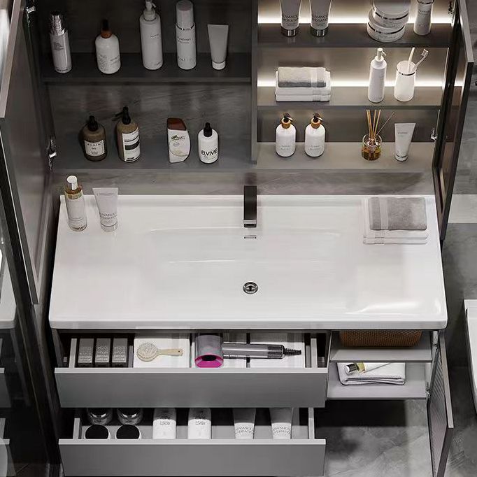 Wall Mount Bath Vanity Grey Metal Frame Mirror Single Sink Bathroom Vanity with Drawers
