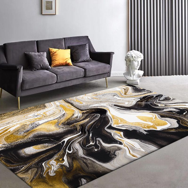 Black and Yellow Bedroom Rug Modern Abstract Marble Pattern Area Rug Polyester Stain-Resistant Washable Carpet