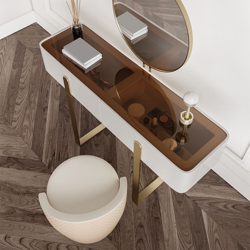 Brown Glass Top Vanity Table Glam Simple 29.53" H Dressing Table Set