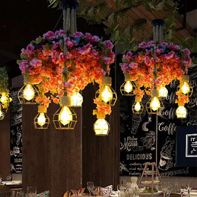 Metal Pink Chandelier Light Bare Bulb 6 Bulbs Vintage LED Drop Pendant with Cherry Blossom