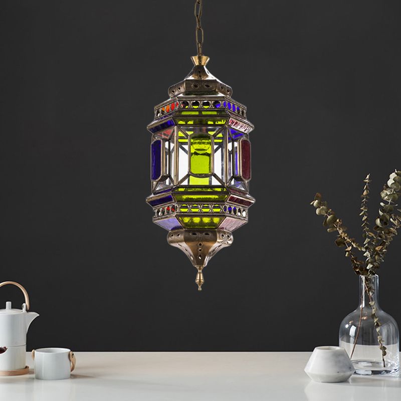 3-Bulb Hanging Lighting Art Deco Castle Shape Colorful Glass Chandelier Pendant Lamp in Brass