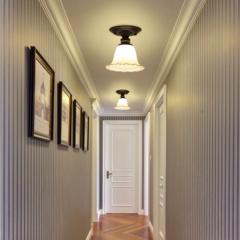 Glass Shaded Close to Ceiling Lamp Simplistic Aisle Semi-Flush Mount in Black