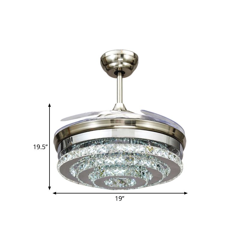 Tiered Round Crystal Block Semi Flush Modernism LED Chrome Pendant Fan Light Fixture, 19" Width